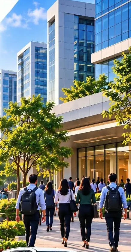 Professionals walking to work at a Bengaluru tech campus