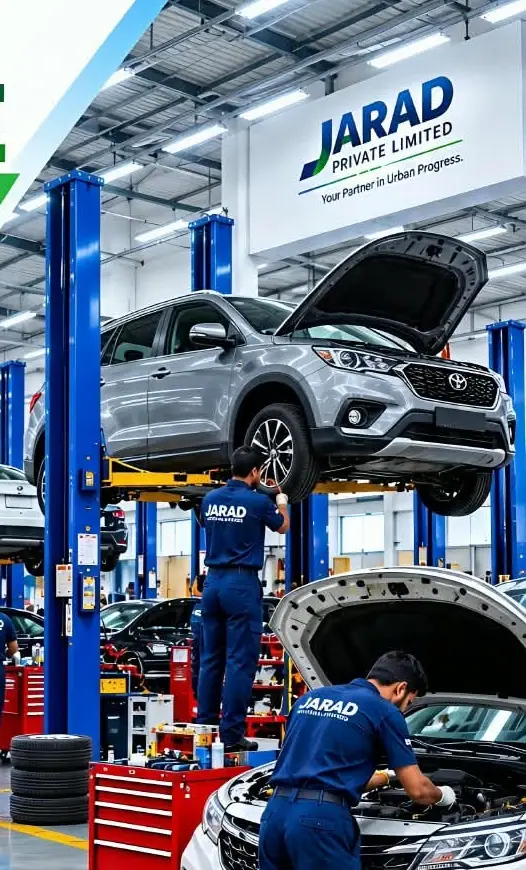Technicians servicing cars in the JARAD workshop